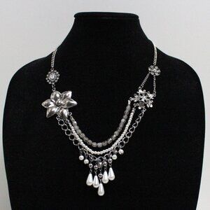 Silvertone 21 Inch Imitation Pearl Rhinestone Smoky Bead Multi Strand Necklace